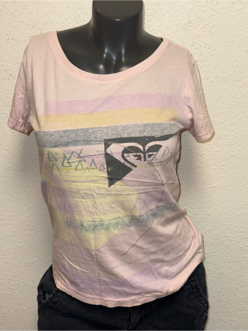 Roxy Light Pink Graphic Tee with Purple and Yellow Accents